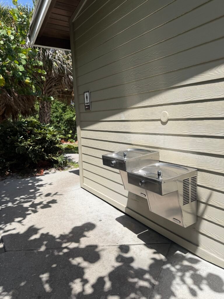 Drinking fountains outside the restroom building on Peanut Island