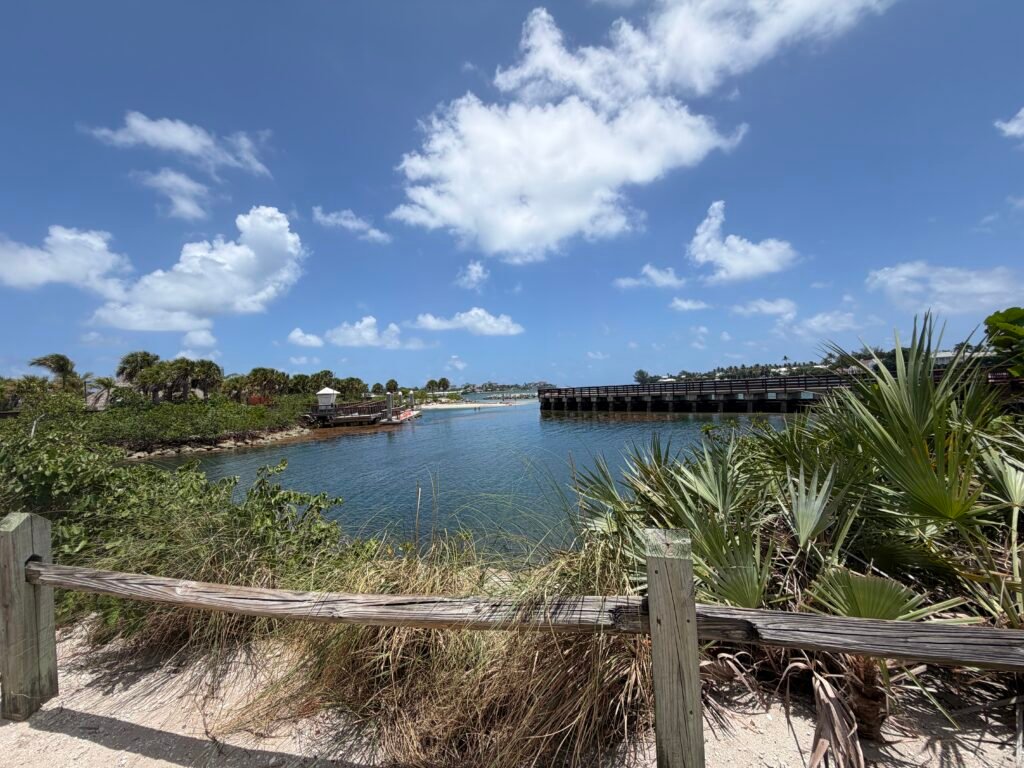 Snorkeling lagoon on Peanut Island, lined with mangroves, with a long wooden pier and the inlet beyond