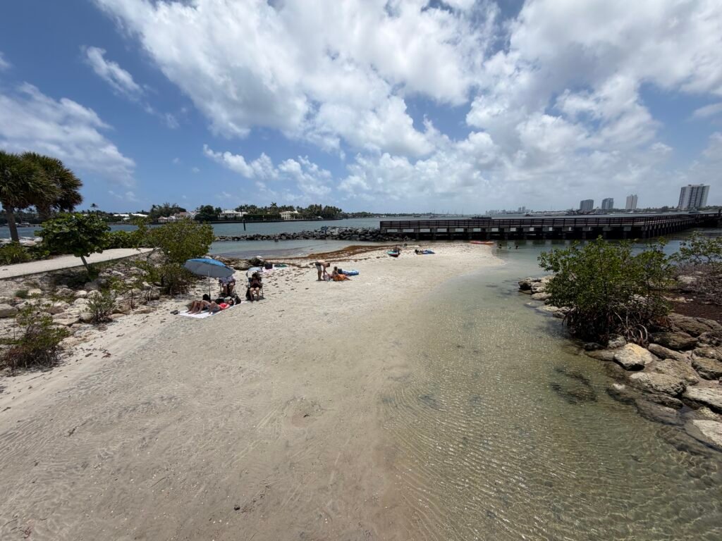 Small sandy beach with clear, shallow water by the Peanut Island snorkeling lagoon, with Palm Beach homes across the inlet